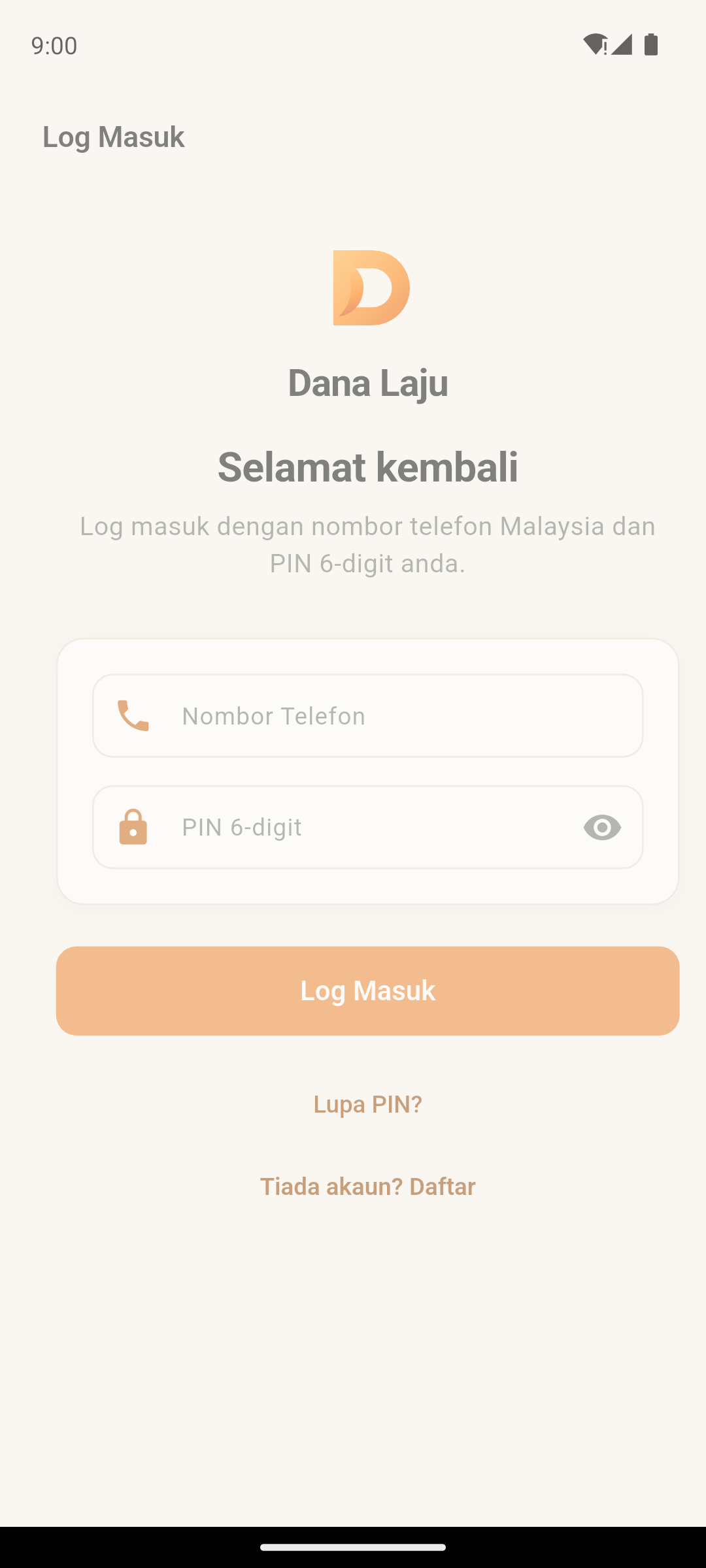Skrin DanaLaju — Log masuk dengan PIN